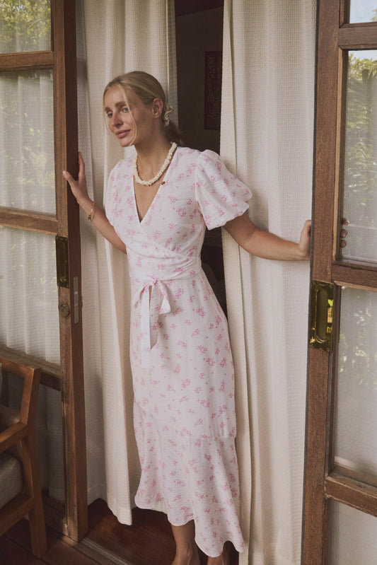 Kremowa sukienka midi MALVIES w autorski print