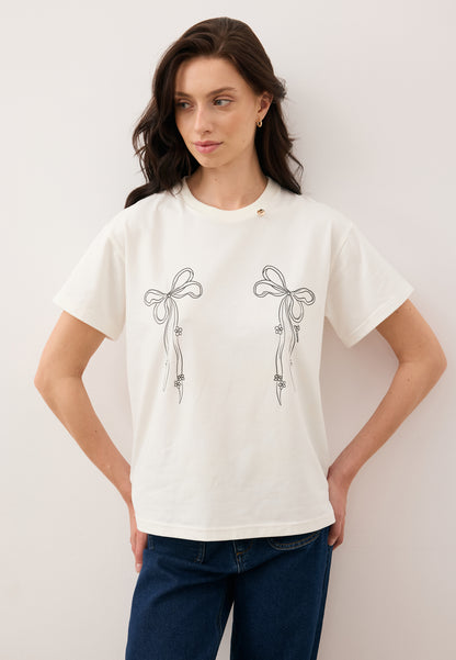 Kremowy T-shirt z nadrukiem w kształcie kokardek BOW