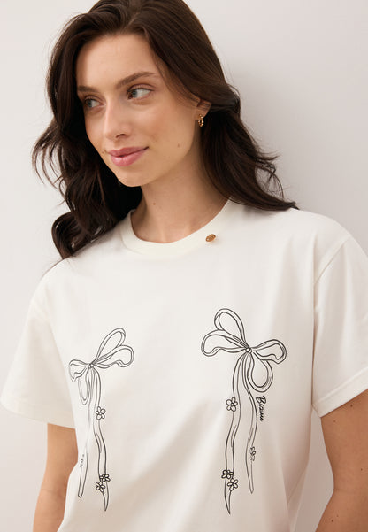 Kremowy T-shirt z nadrukiem w kształcie kokardek BOW