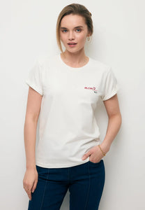 Kremowy T-shirt z haftem MOM