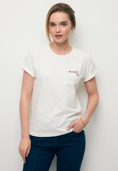 Kremowy T-shirt z haftem MOM