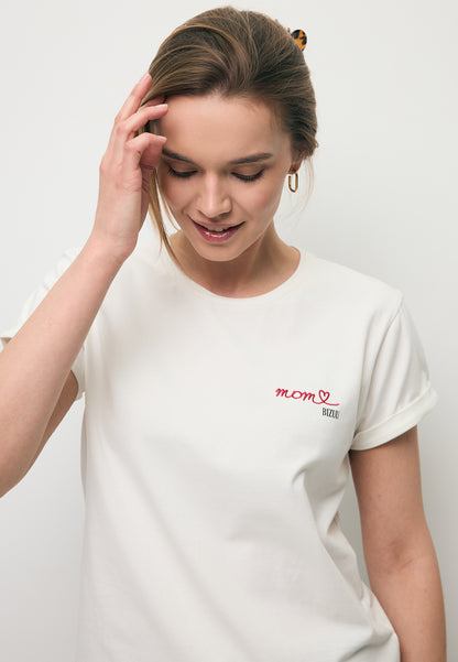 Kremowy T-shirt z haftem MOM