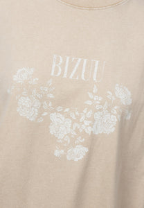 Beżowy t-shirt PAPLYS z kwiatowym nadrukiem