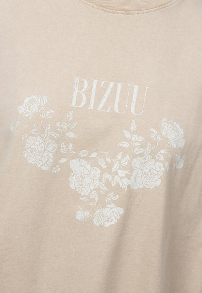 Beżowy t-shirt PAPLYS z kwiatowym nadrukiem
