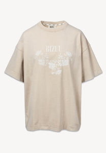 Beżowy t-shirt PAPLYS z kwiatowym nadrukiem