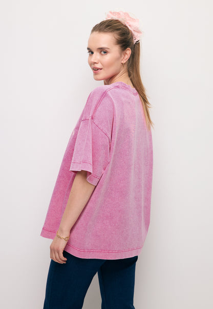 Różowy T-shirt oversize z aplikacją PAPLYS