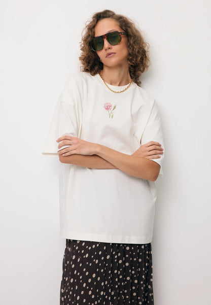 Kremowy T-shirt oversize z nadrukiem na plecach RIONA