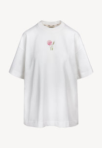 Kremowy T-shirt oversize z nadrukiem na plecach RIONA