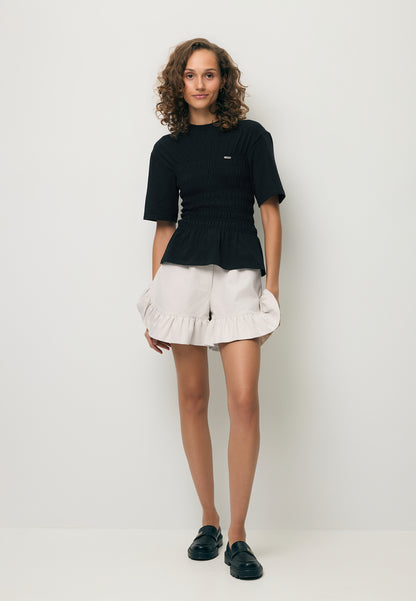 Czarny T-shirt z ozdobnymi marszczeniami SORIA