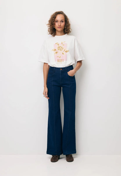 Kremowy T-shirt oversize z grafiką VIORA